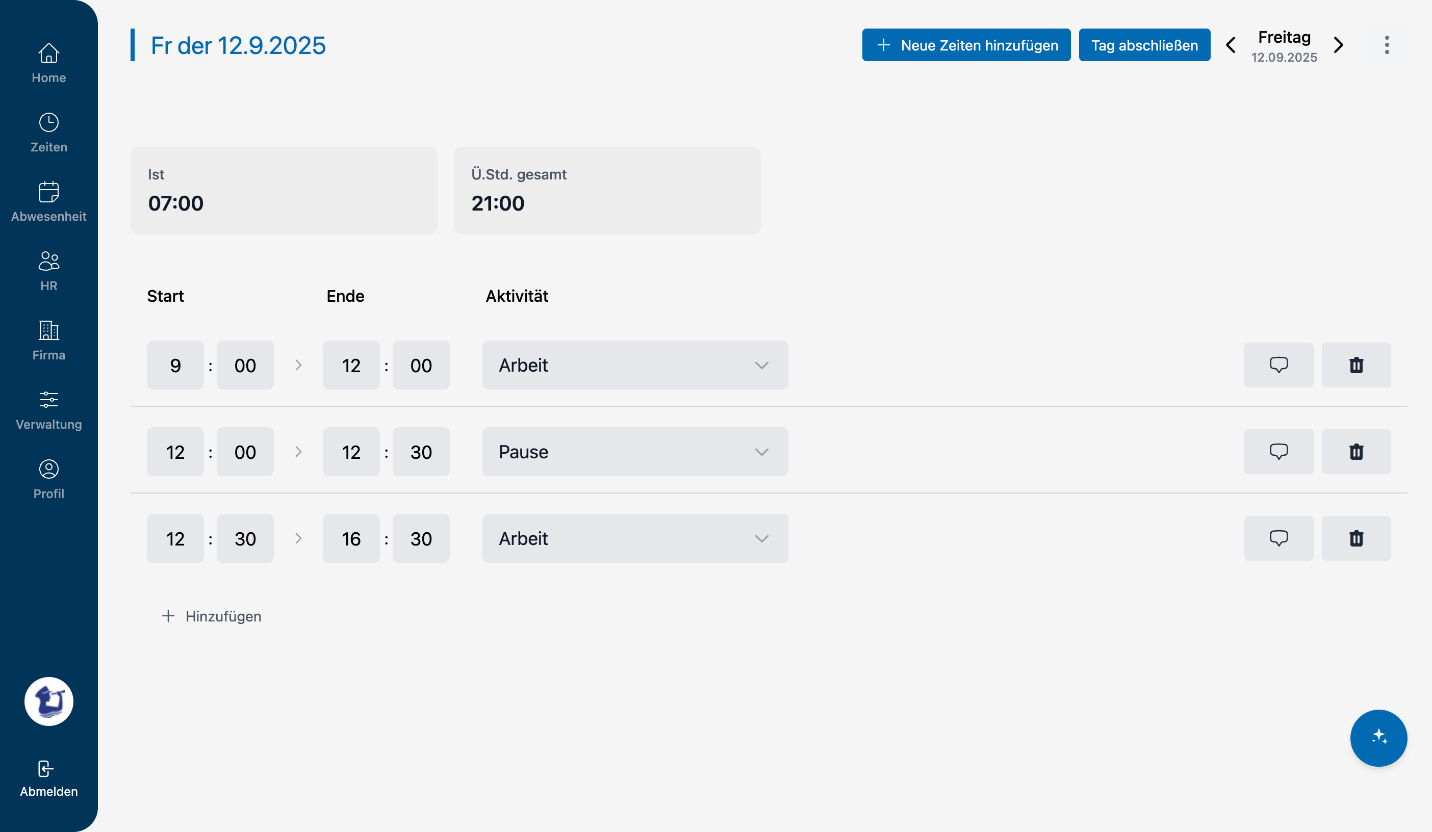 ZeitenApp Dashboard - Tagesansicht mit Zeiterfassung